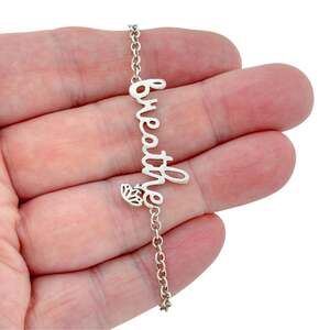 Vintage Sterling Silver 925 Breathe Script Lotus Charm Bracelet 6.5-8"